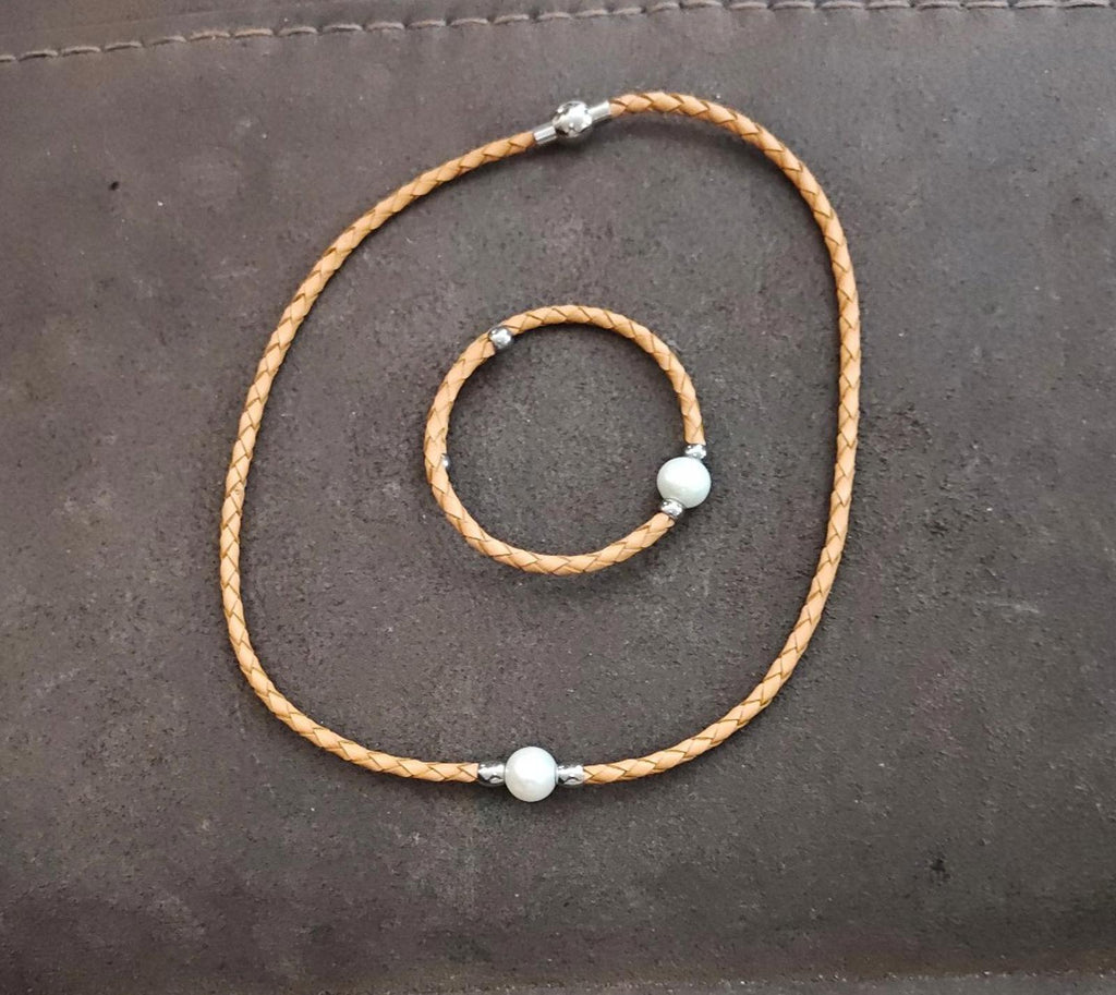 Cultured Freshwater Pearl Imitation Leather Bangle Bracelet & Necklace