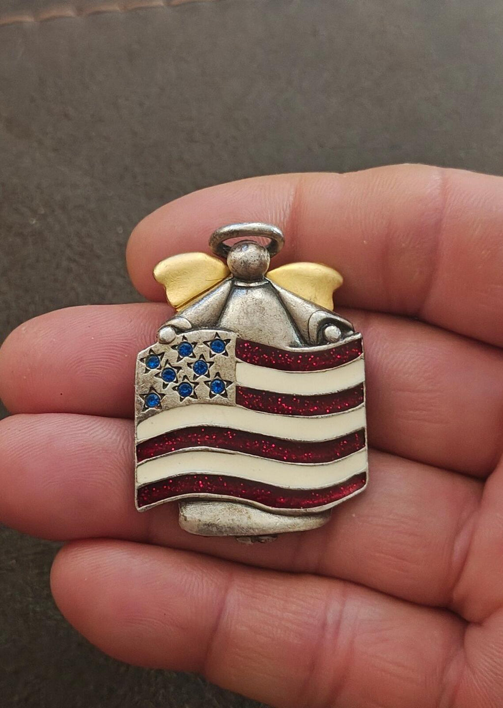 1980s Signed AJMC Fine Pewter Patriotic American Flag Angel Brooch