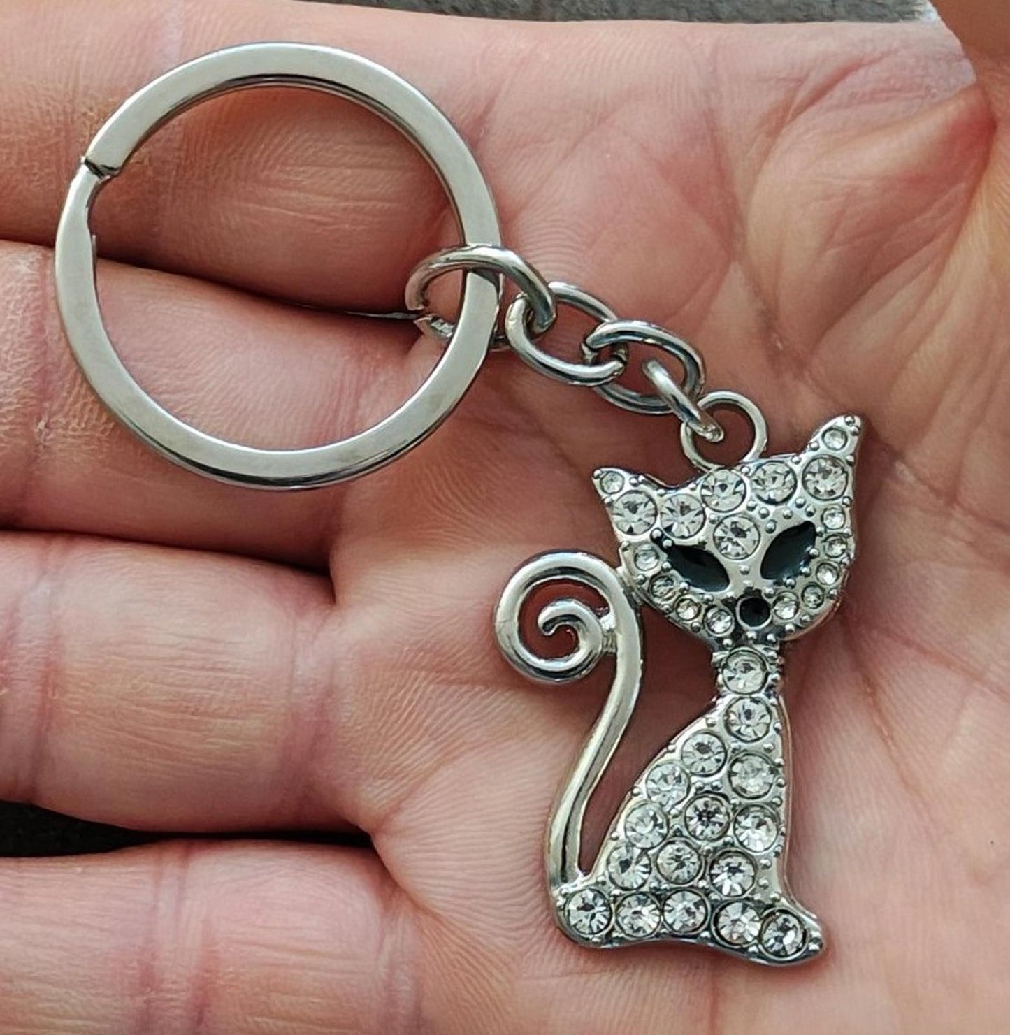 Rhinestone Inlaid Cat/Kitten Silver Tone Black Enamel Keychain/Bag Charm/Fob