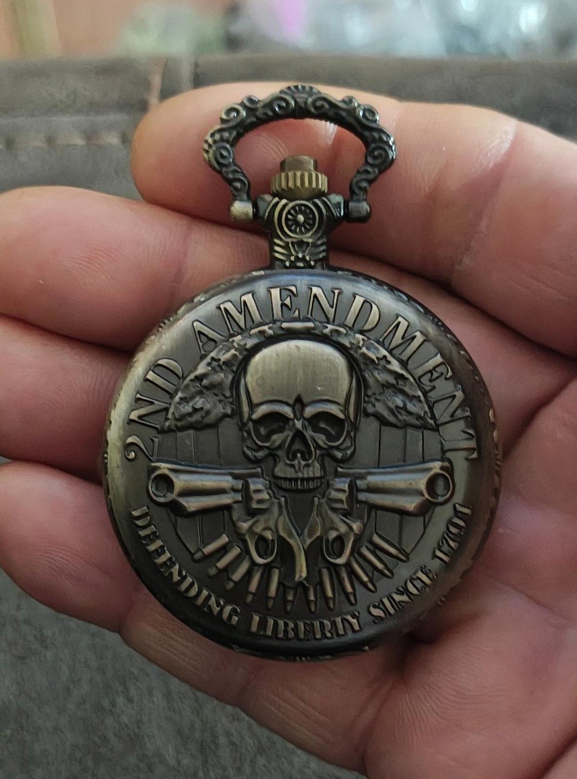 2nd Amendment Skull Pocket Watch Pendant Necklace