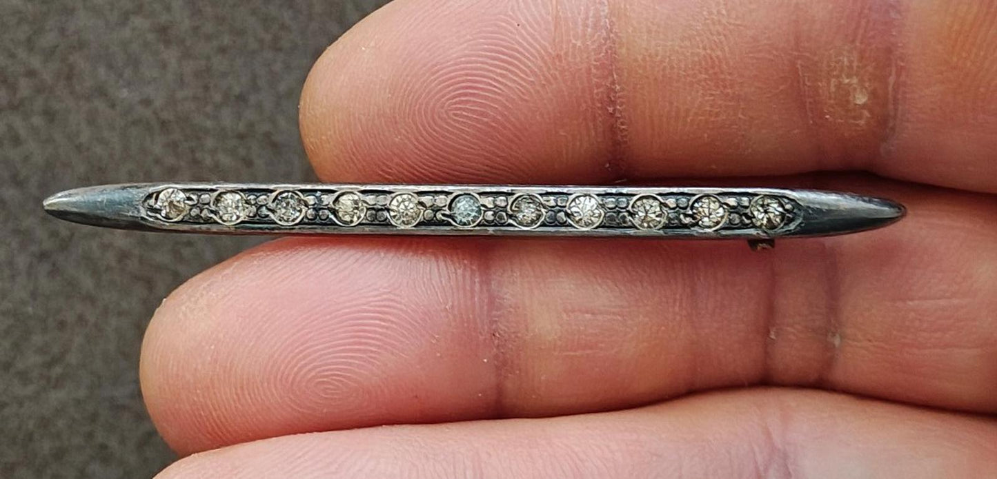 1900s Art Deco Edwardian Sterling Silver Bar With Clear Rhinestones Brooch