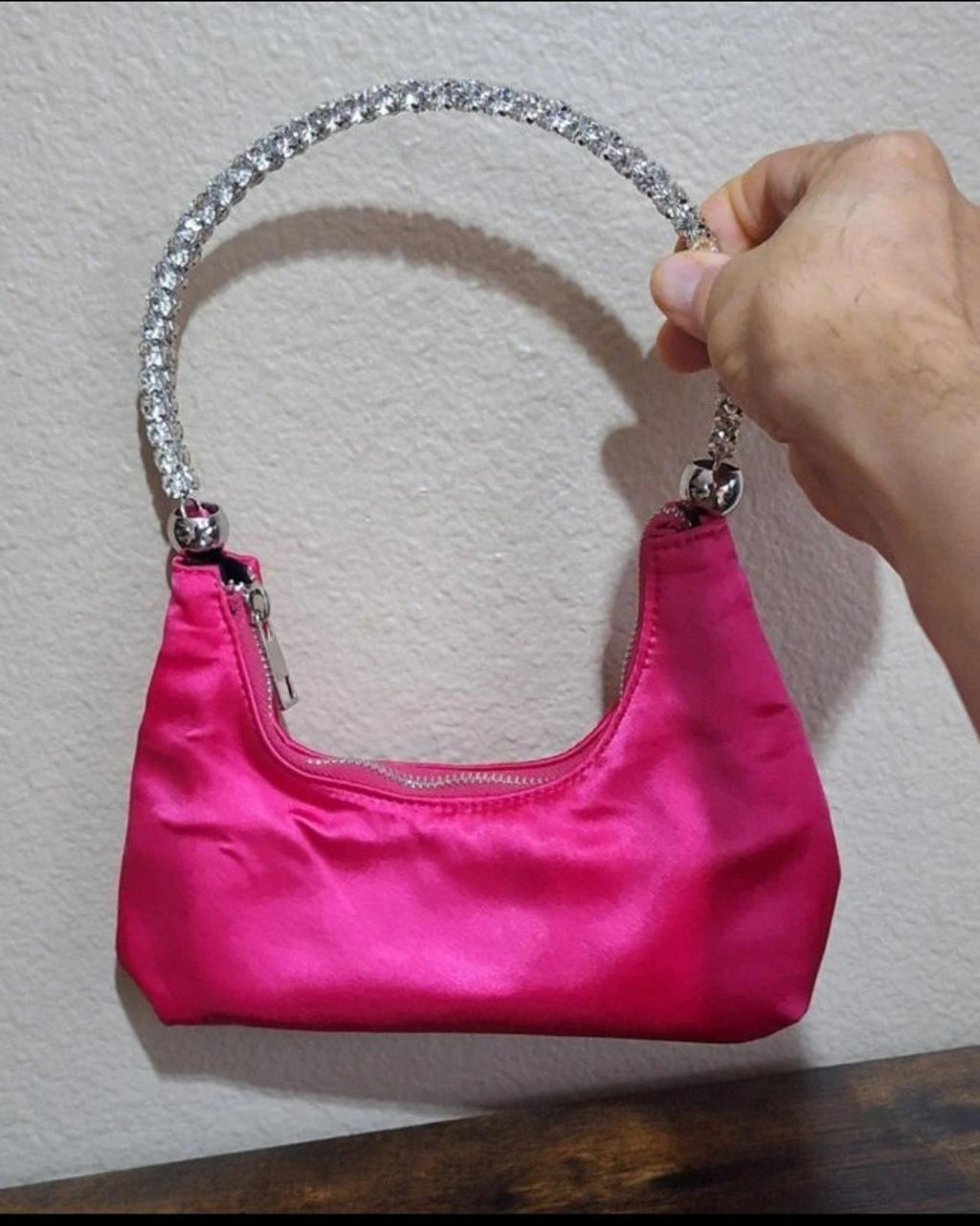 Pink satin hobo handbag with jeweled rhinestone top handle and zip pocket