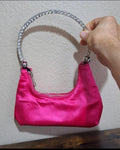 Pink satin hobo handbag with jeweled rhinestone top handle and zip pocket