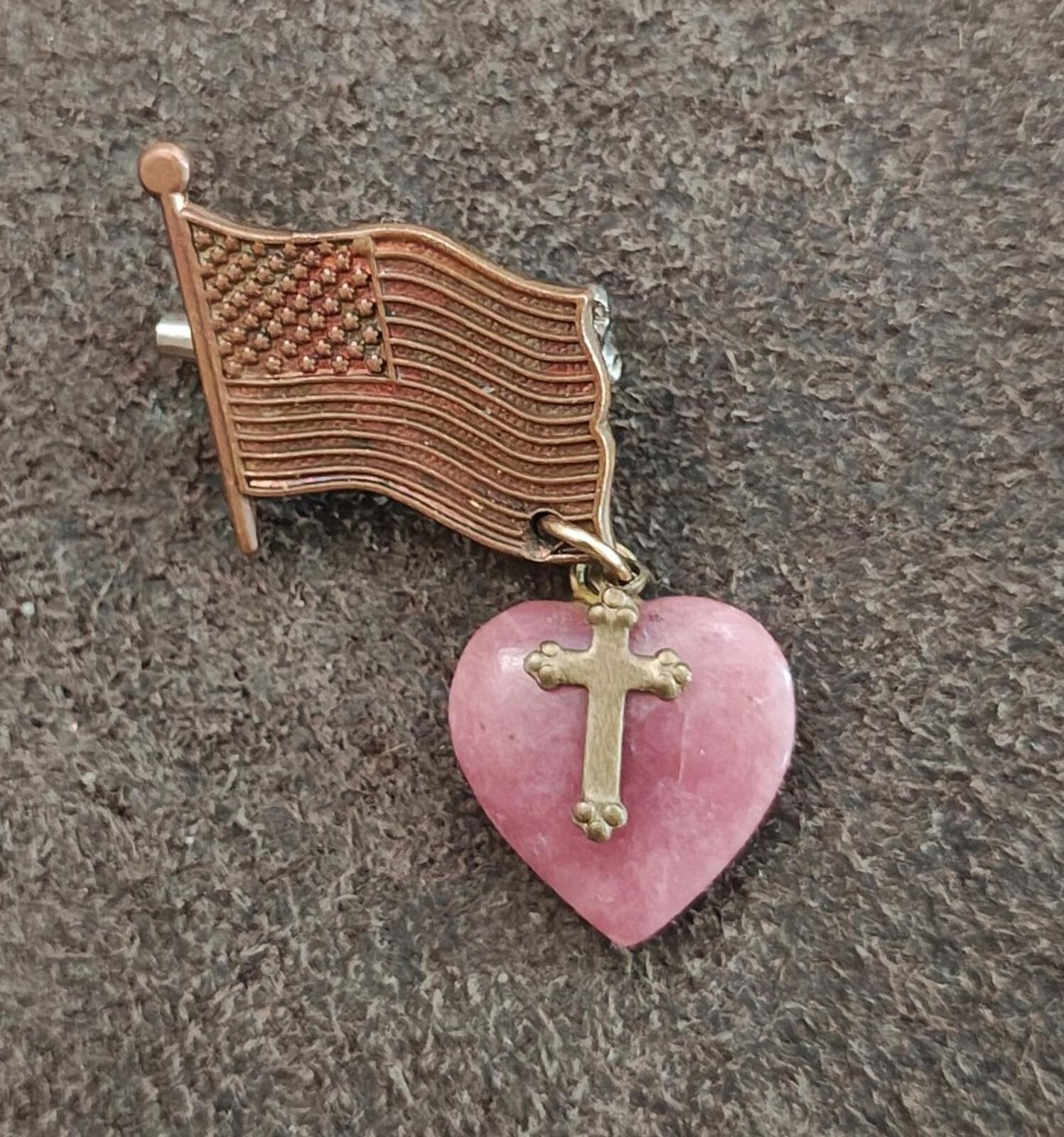 80s Gold Tone Patriotic & Religious American Flag With Heart Cross Charm Brooch