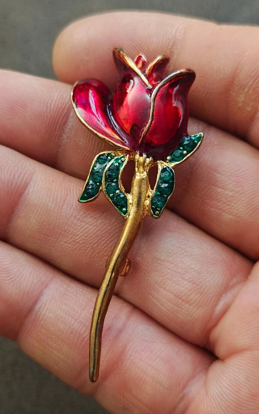 1980s Gold Tone Cottagecore Red Enamel With Green Rhinestones Accents Brooch