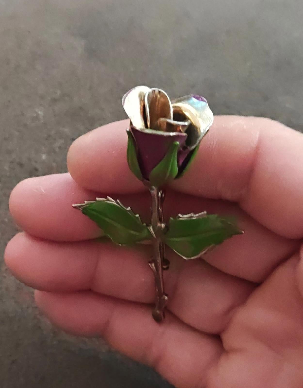 1970s Silver Tone Purple and Green Enamel Rose Brooch