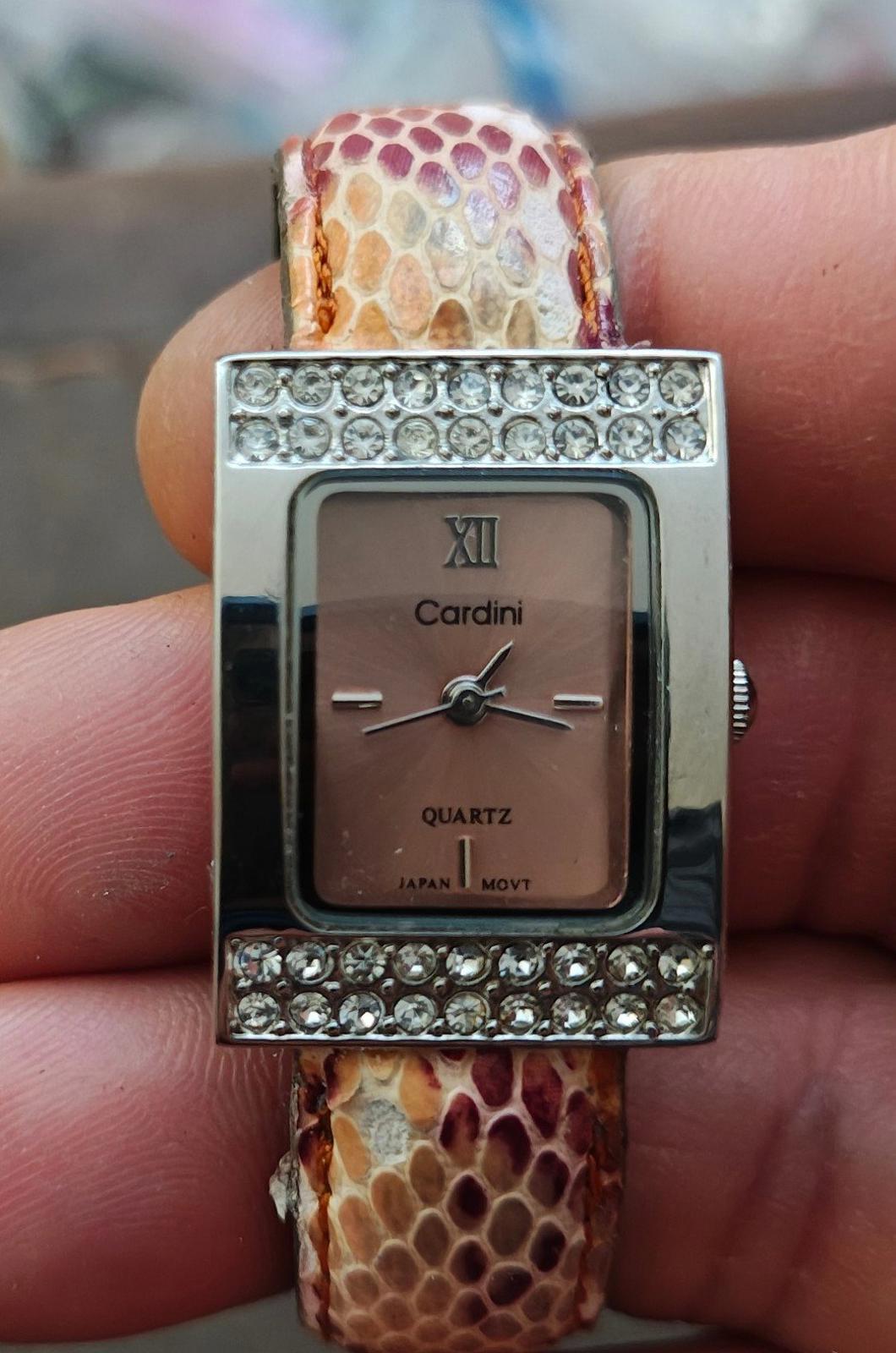 1980s Vintage Cardini Square Bezel With Rhinestones Pink Dial Ladies Cuff Watch