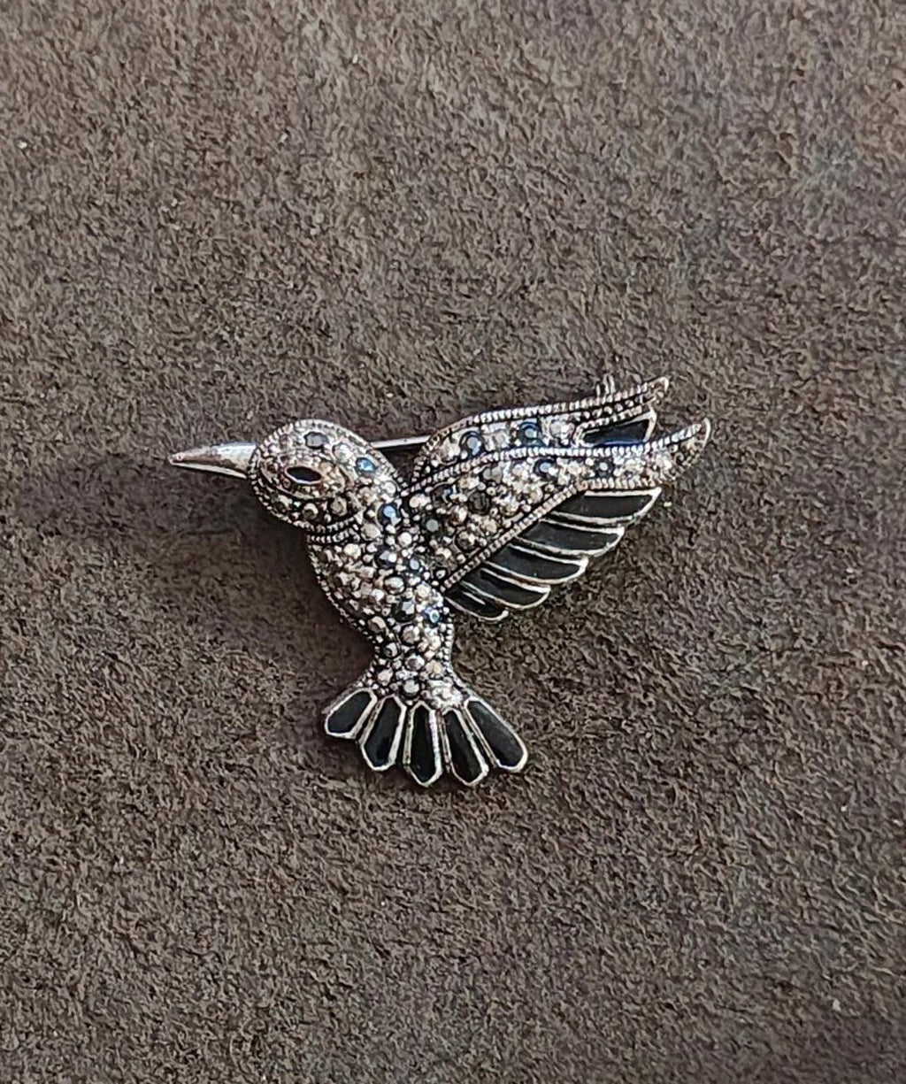 1990s Silver Tone Marcasite With Black Enamel Hummingbird Brooch Pin