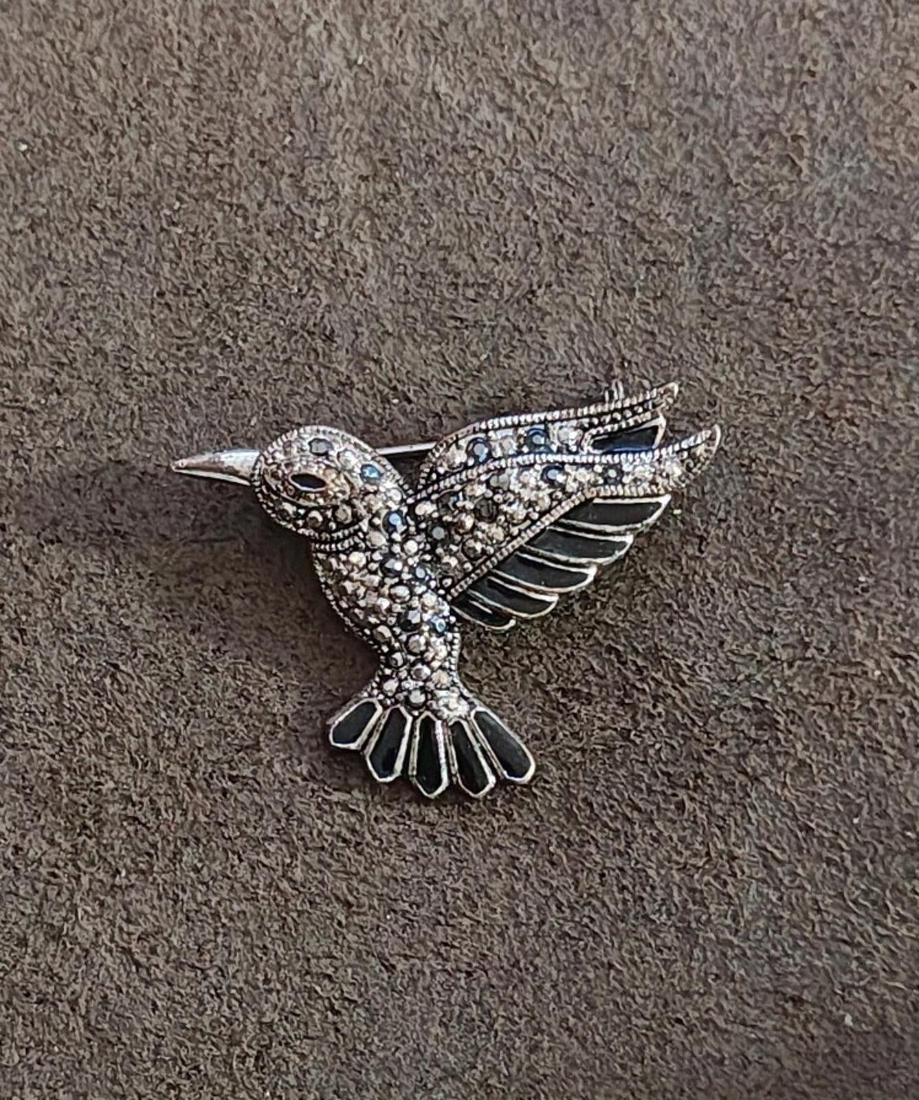 1990s Silver Tone Marcasite With Black Enamel Hummingbird Brooch Pin