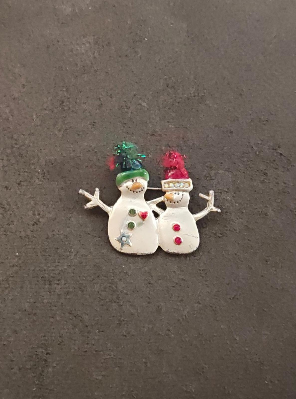 1980s Silver Tone With iridescent Rhinestones Two Snowman Enamel Brooch