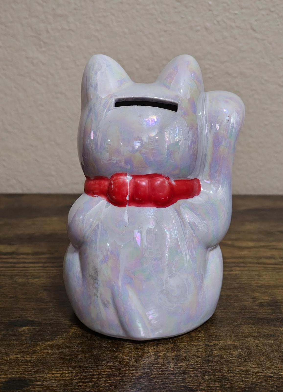 1990's Japanese Iridescent Maneki Neko Lucky Cat Ceramic Coin Bank