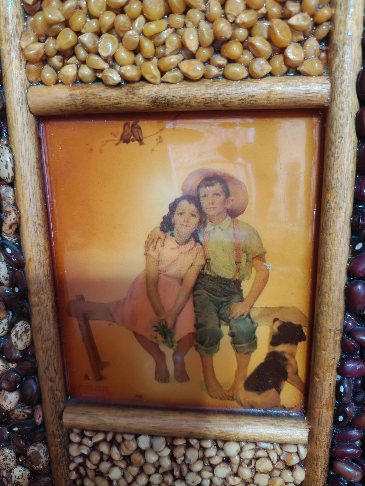 1970s Norman Rockwell Sweet Serenade Print Handmade Seed & Bean Mosaic Shadowbox
