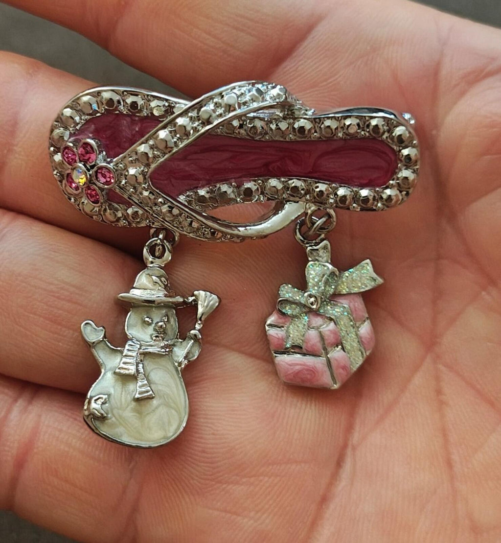 90s Silver Tone Flip Flop With Dangling Charms Enamel & Rhinestones  Brooch