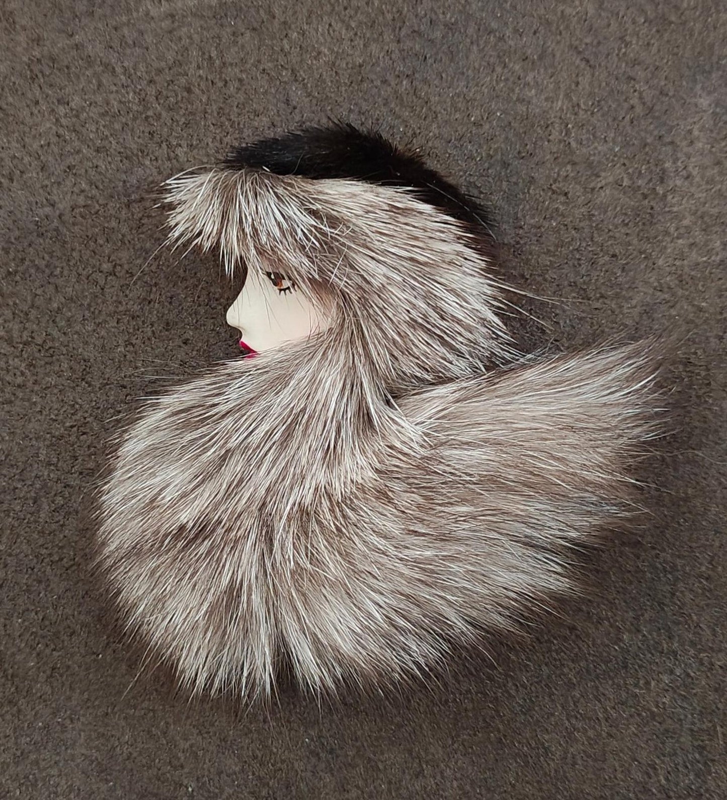 1980's Han Shin Fur Co Ltd Porcelain & Real Fur Brooch
