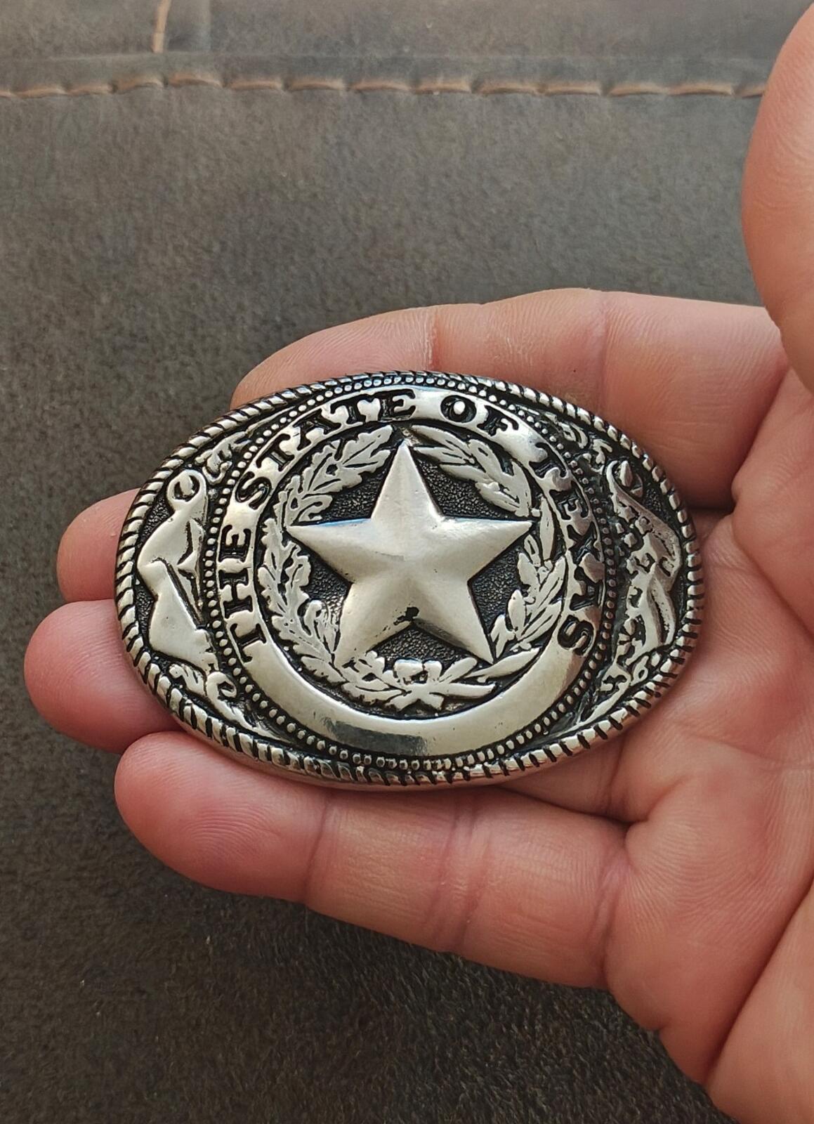 80s Silver Tone Western Style "The State of Texas" Lone Star Emblem Belt Buckle