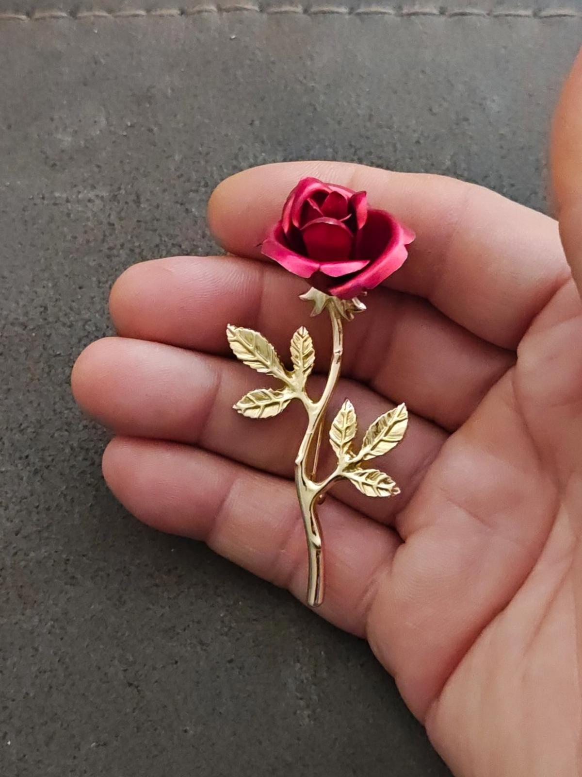 1980s Gold Tone Long Stem Textured Red Rose Brooch