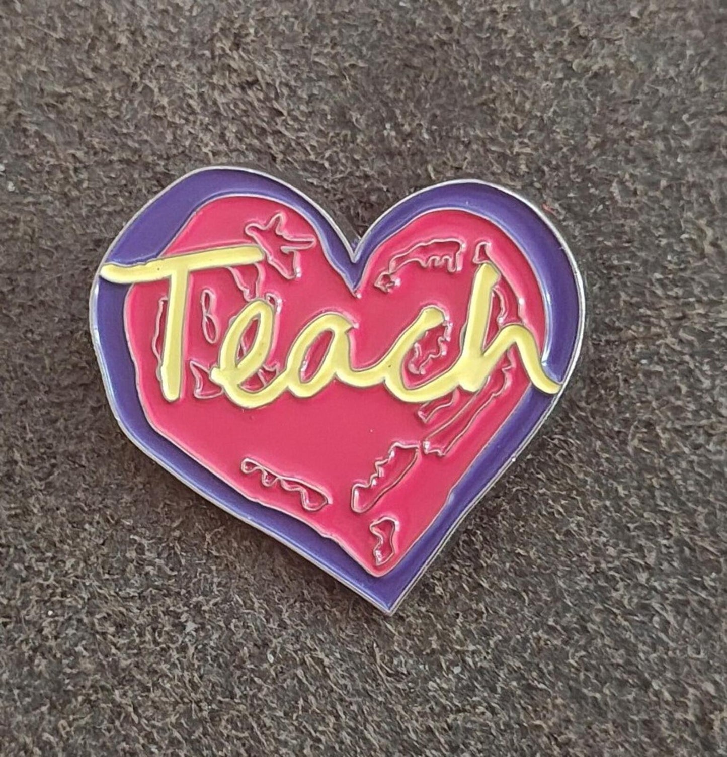 Penzeys "Teach" Heart Pin With Red, Purple & Yellow Enamel