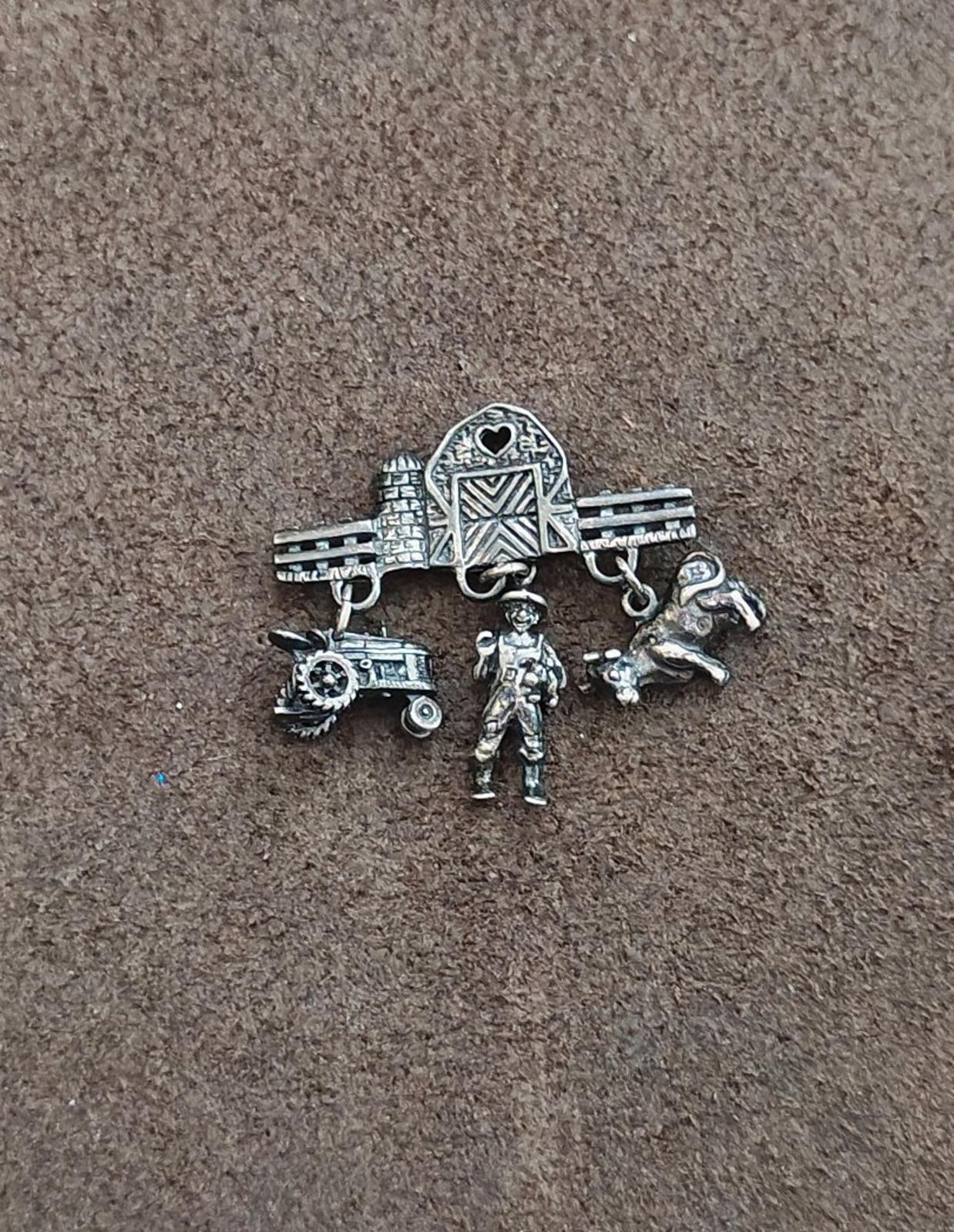 1990s Antiqued Sterling Silver Farm  Charm Dangle Pin