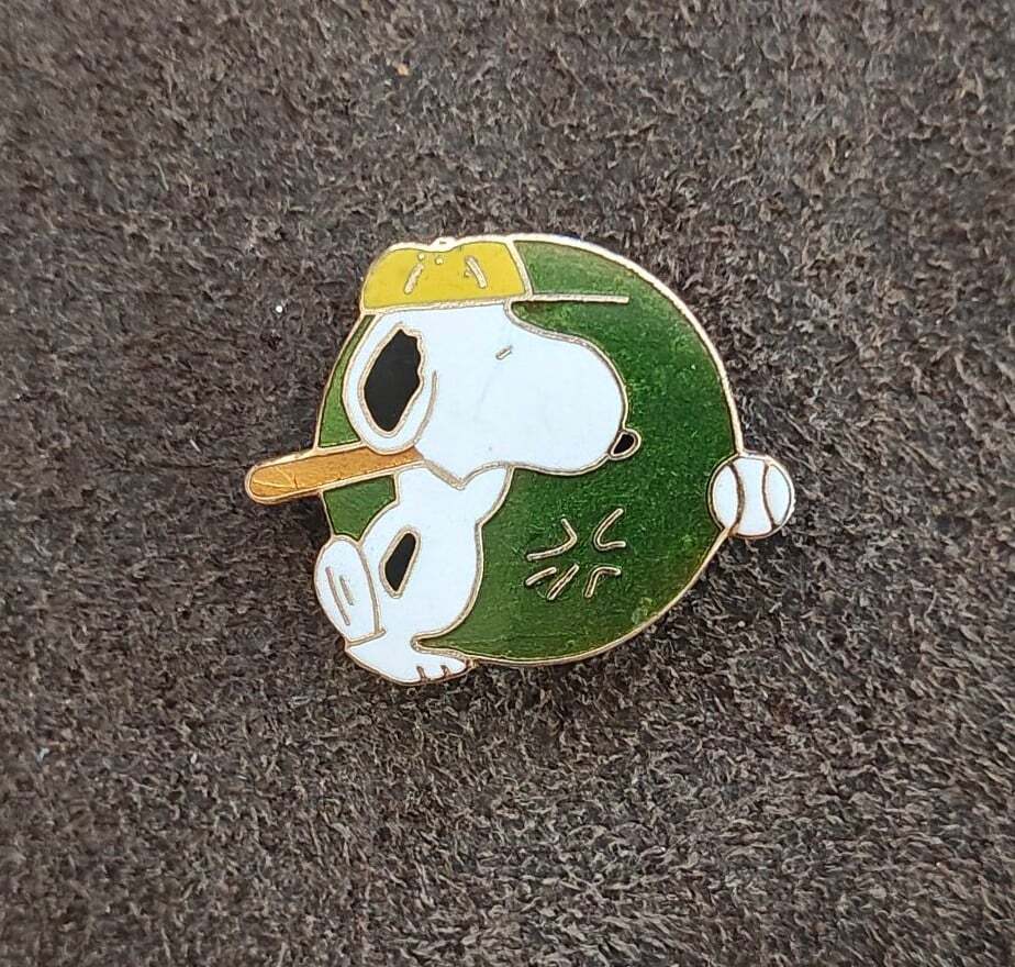 1970s Peanuts Snoopy Baseball Cloisonné Gold Tone Enamel Pin.