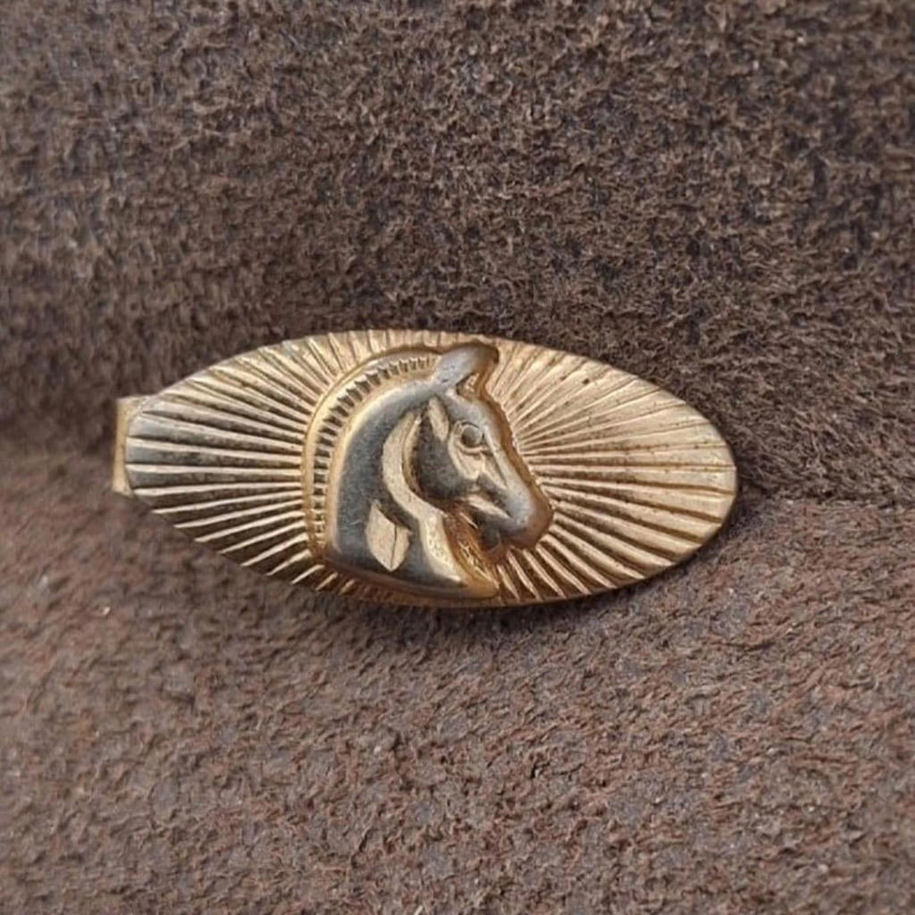 Gold-tone oval tie bar clip with raised horse profile centered in textured rays