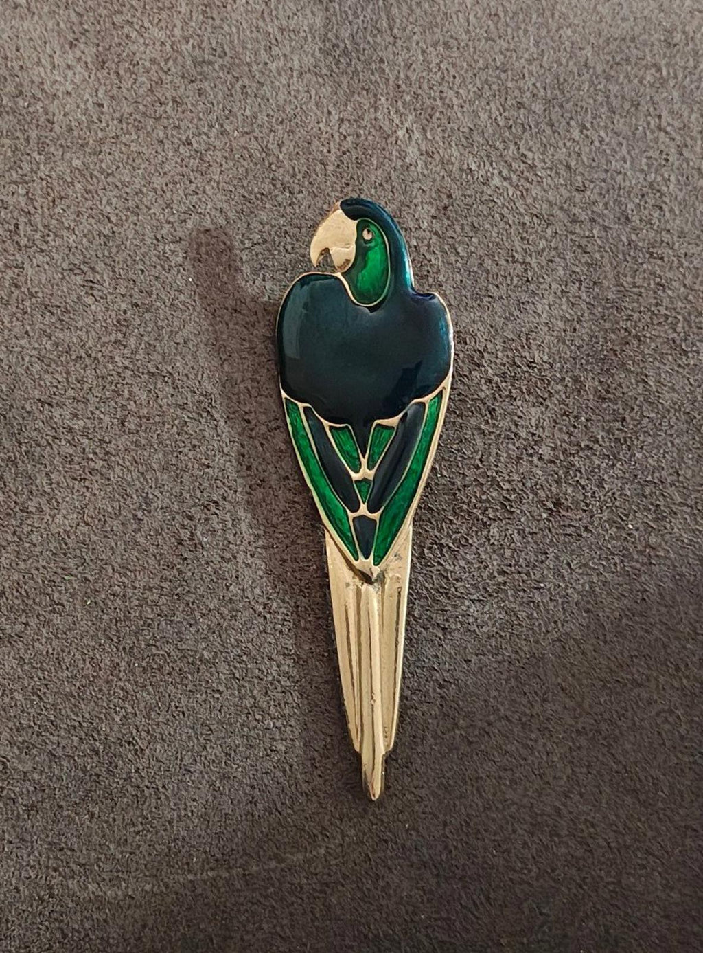 Vintage parrot enamel brooch pin, centered view; gold-tone base with teal and green enamel