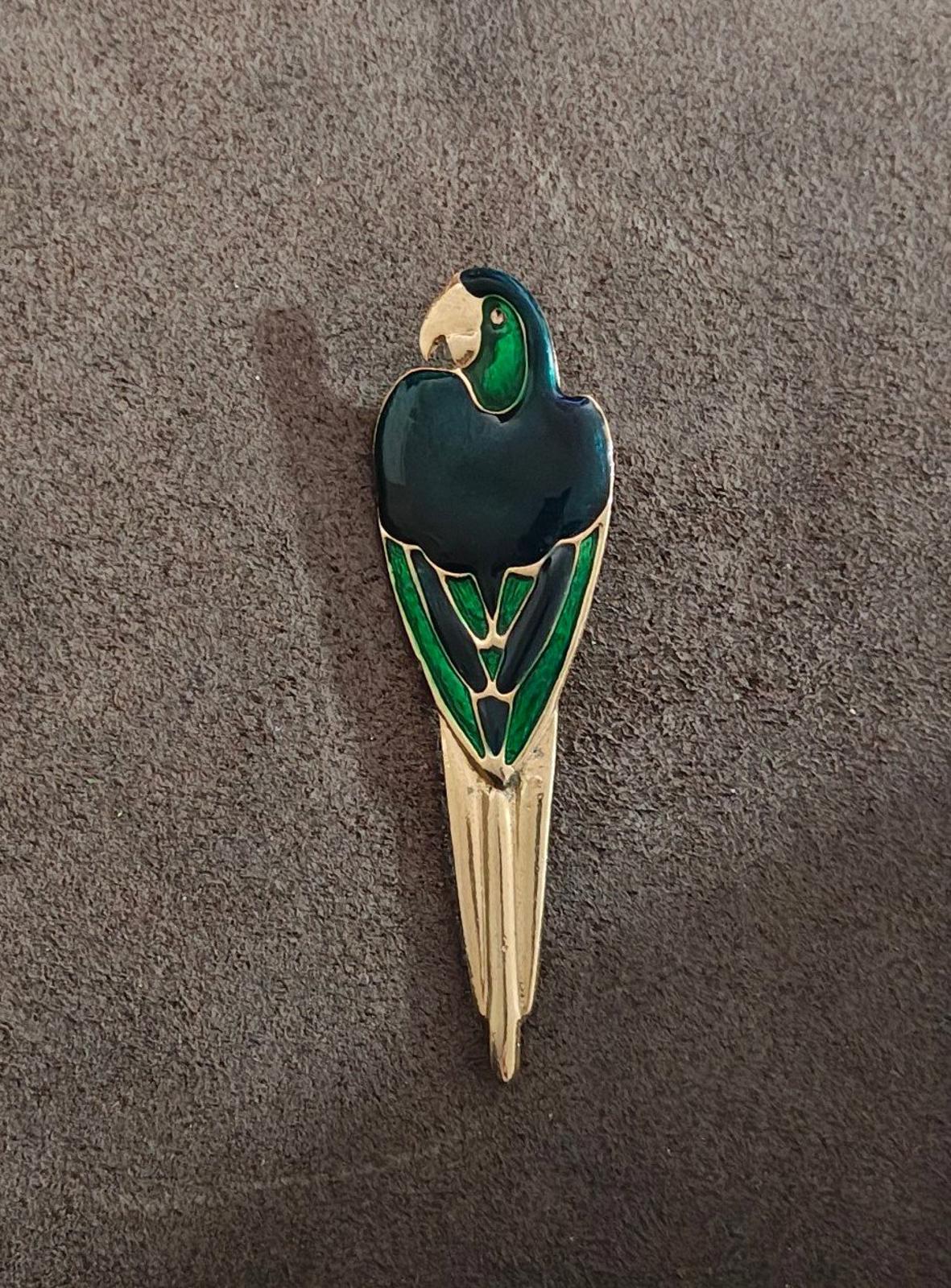 1990's Vintage Gold Tone Blue Green Enamel Parrot Brooch Pin