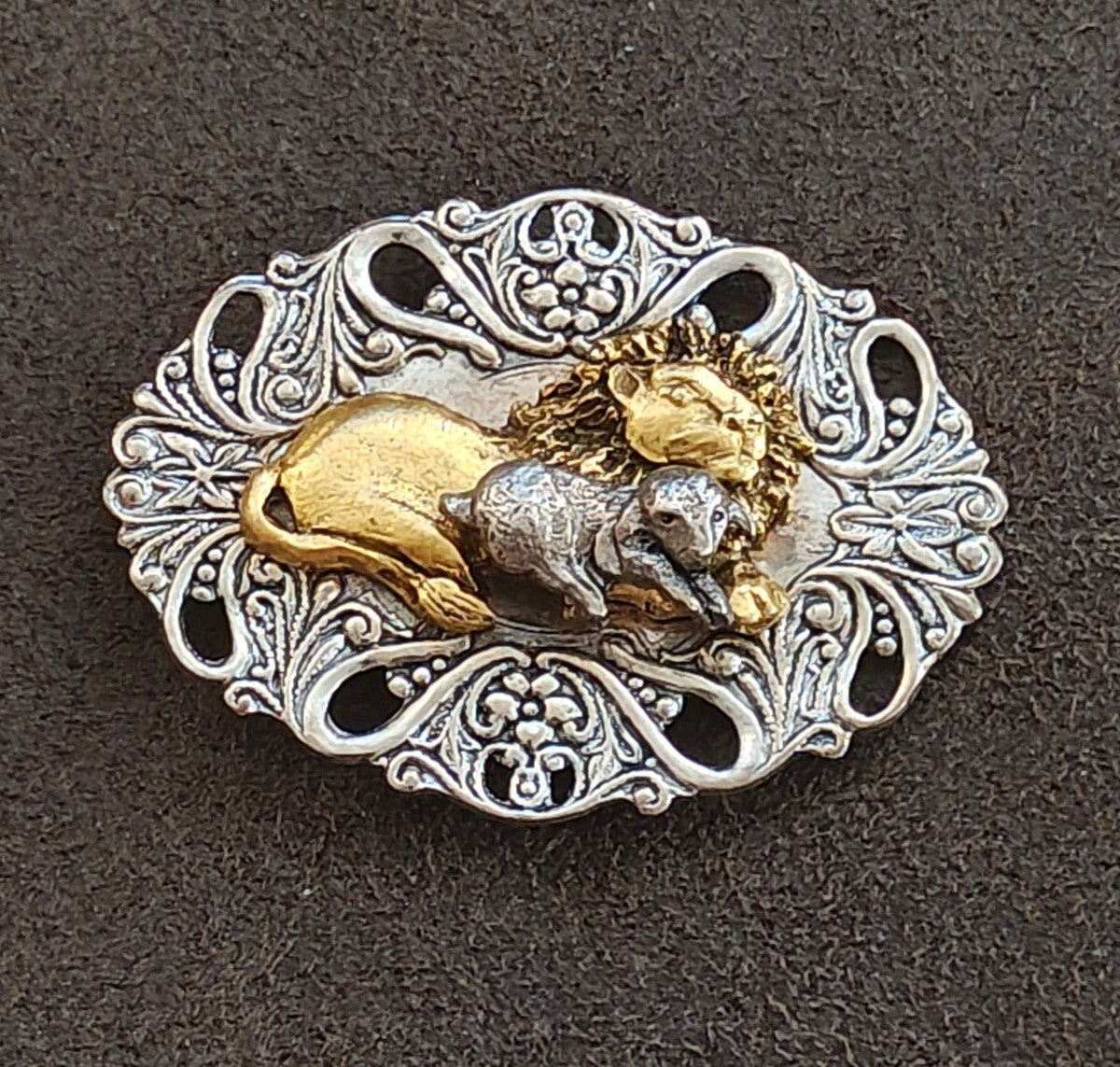 Biblical Lion & The Lamb Two Tone Openwork Filigree Brooch