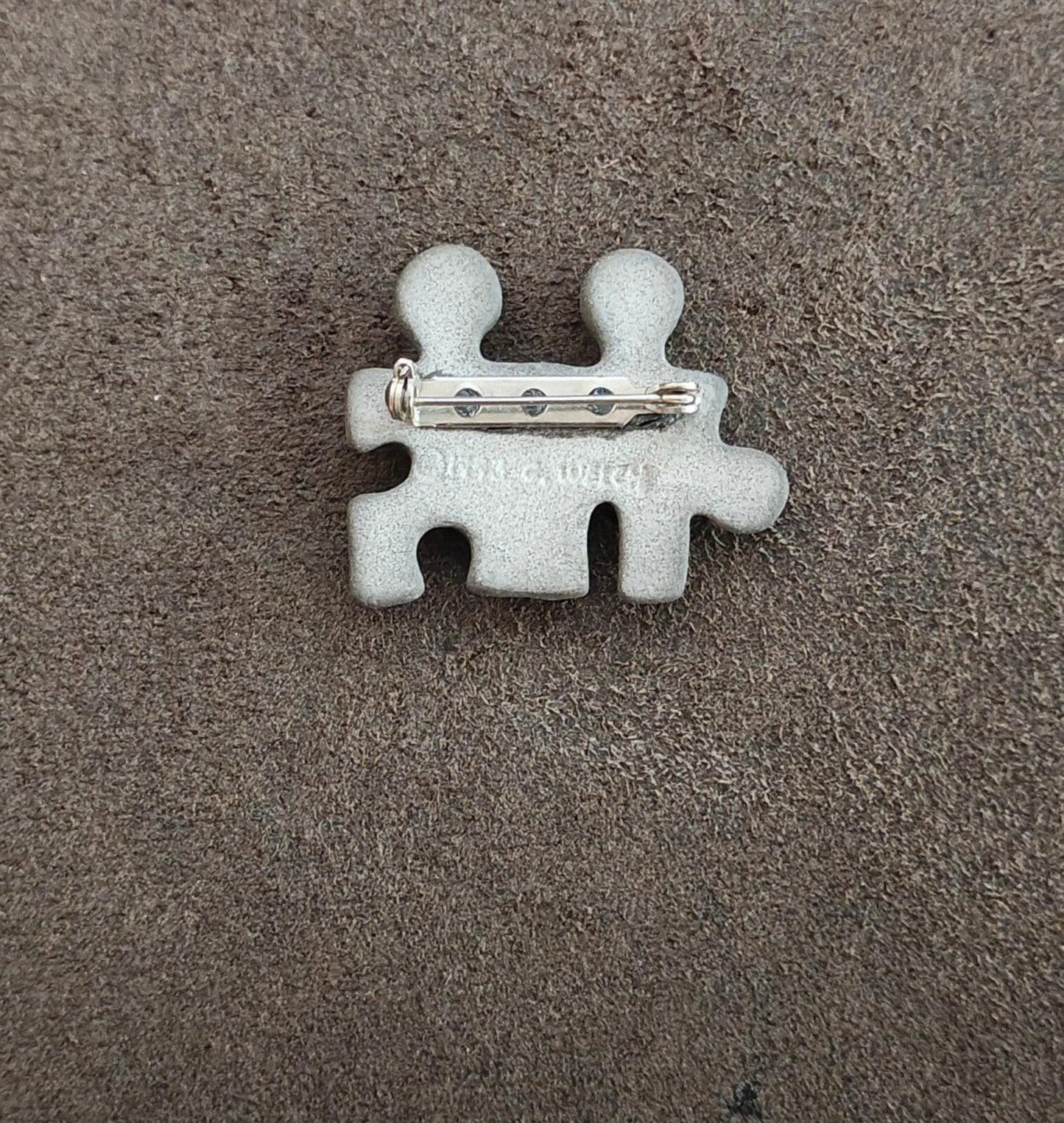 1990s Handcrafted Signed C Welch "Puzzle Buddies" Ceramic & Concrete Brooch