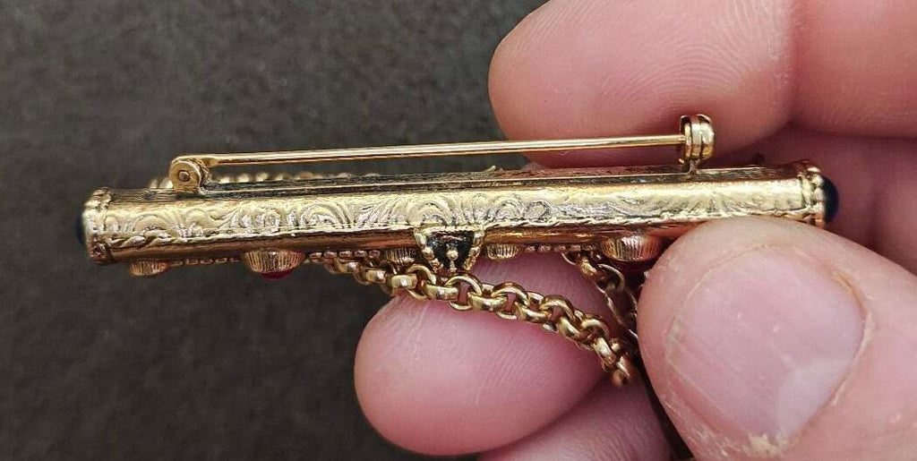 1980s Gold Tone 1928 Jewelry Company Victorian Revival Chatelaine Bar Brooch