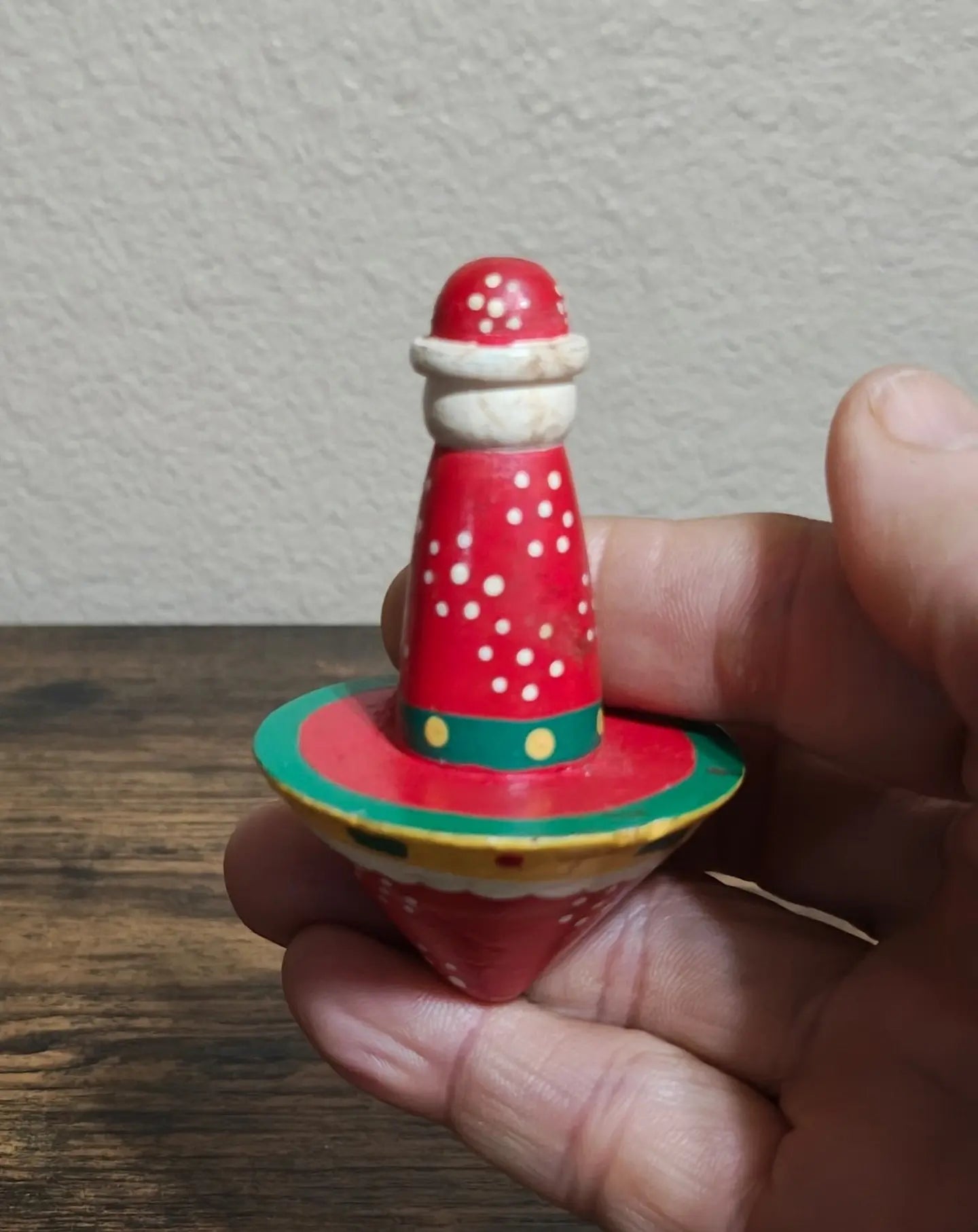 1970s Vintage Folk Art Hand Painted Santa Wooden Spinning Top Toy