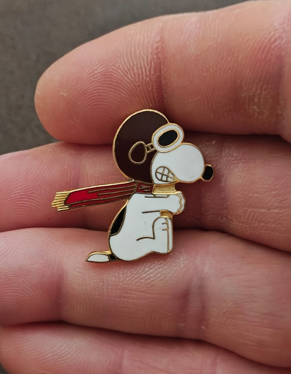 1970s Peanuts Snoopy "WWI Flying Ace" Gold Tone Enamel Pin.