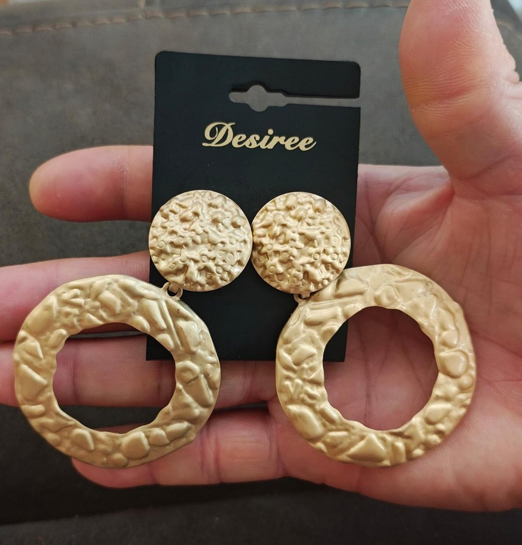 Gold-tone hammered statement earrings with round stud tops and chunky hoop drops