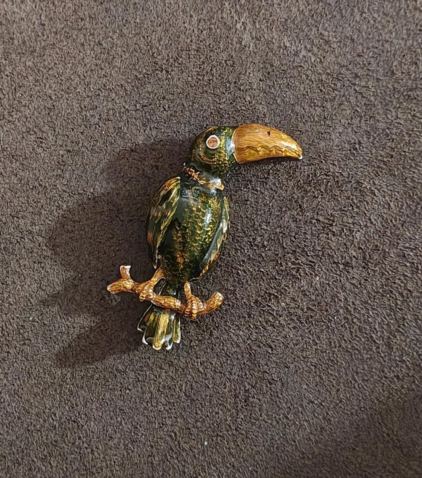 1980's Green And Orange Enamel Toucan Bird With Pink Brooch