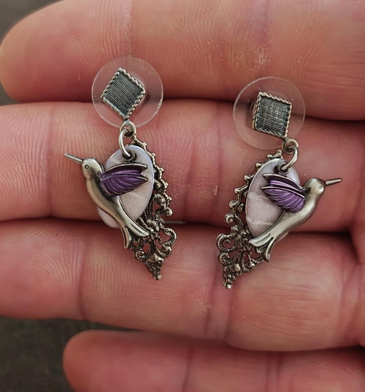 Silver Forest Silver Tone Hummingbird Purple Enamel Filigree Dangle Earrings