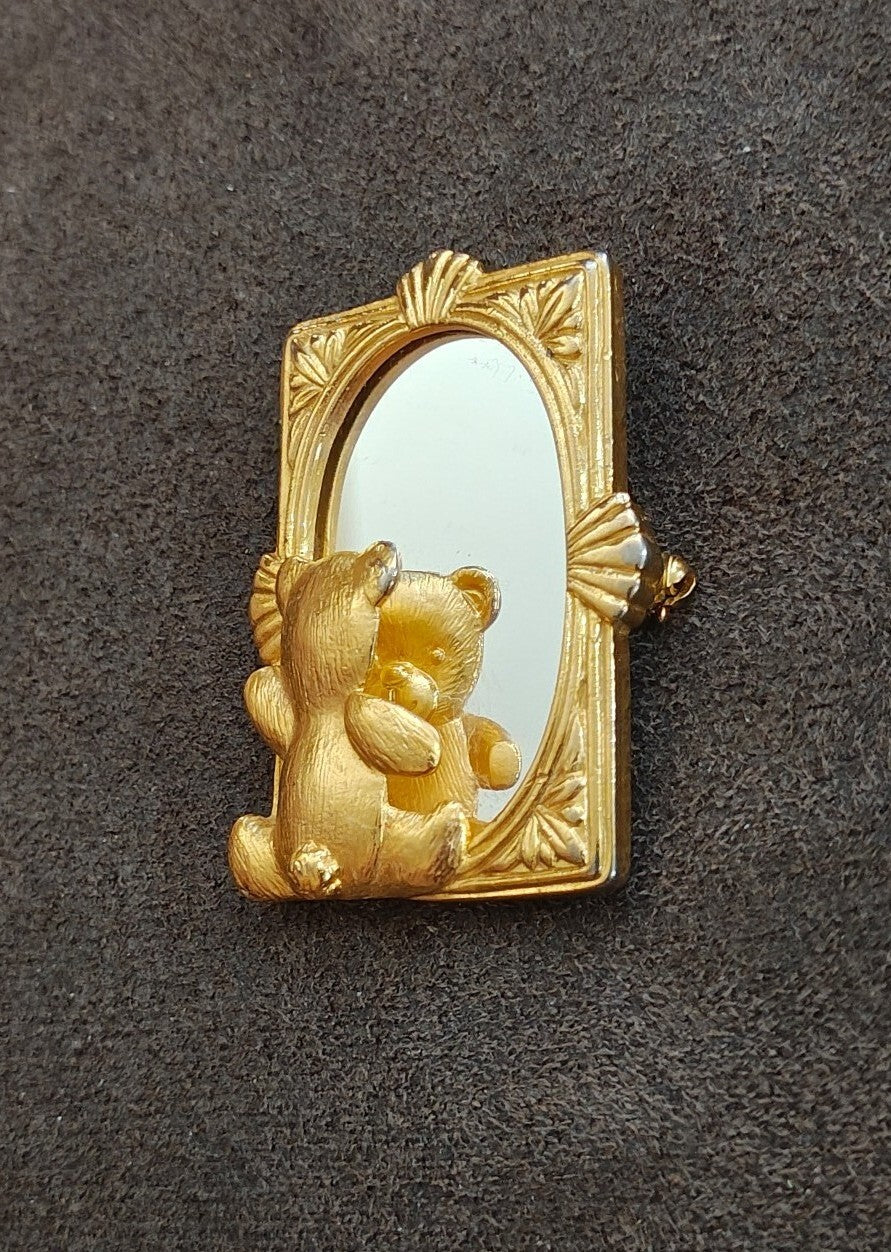 1980s Signed JJ Teddy Bear Looking In Mirror Gold-Tone Brooch Pin