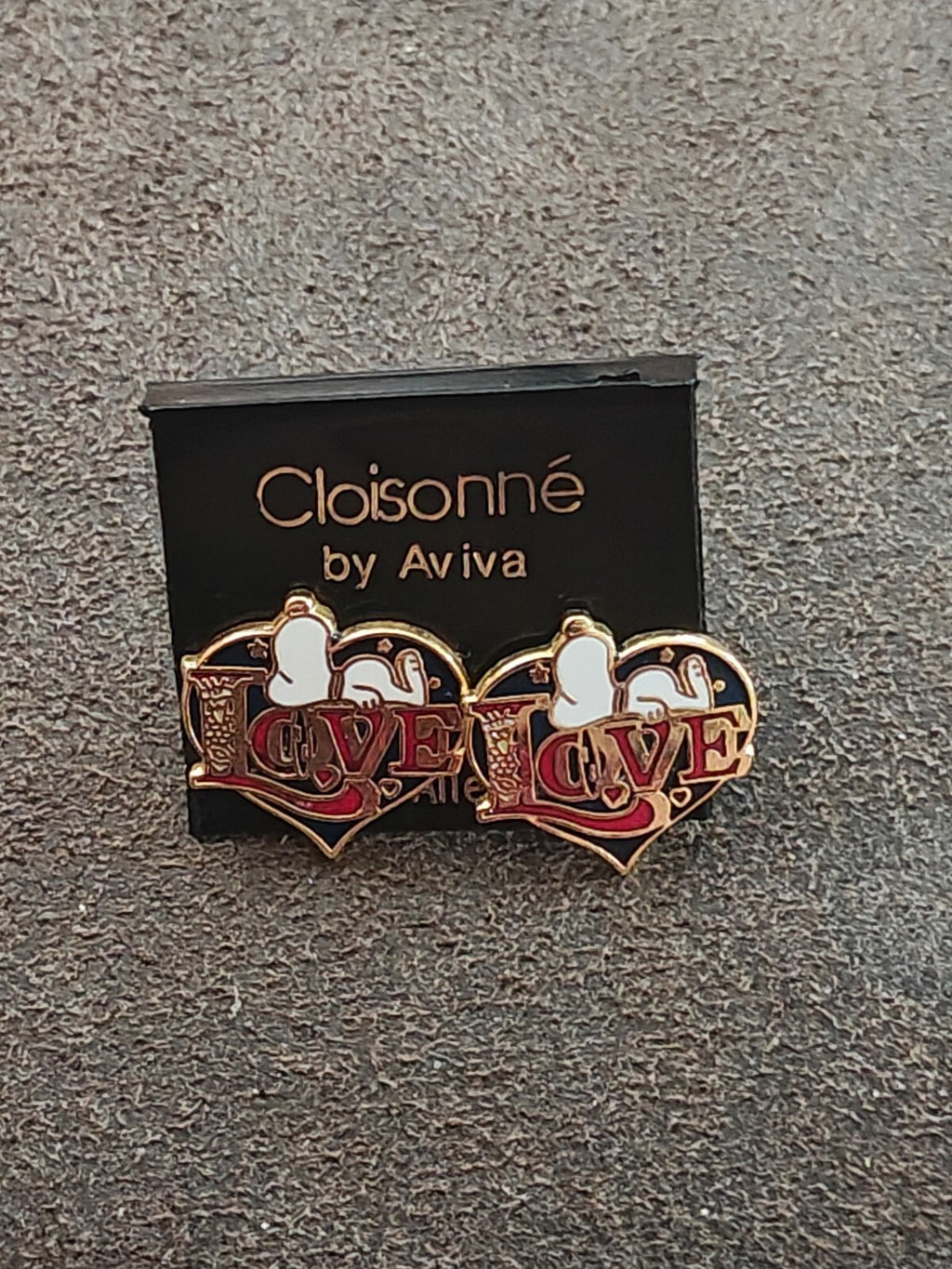 1970s Peanuts Snoopy "LOVE" Gold Tone Cloisonné Enamel Stud Earrings New