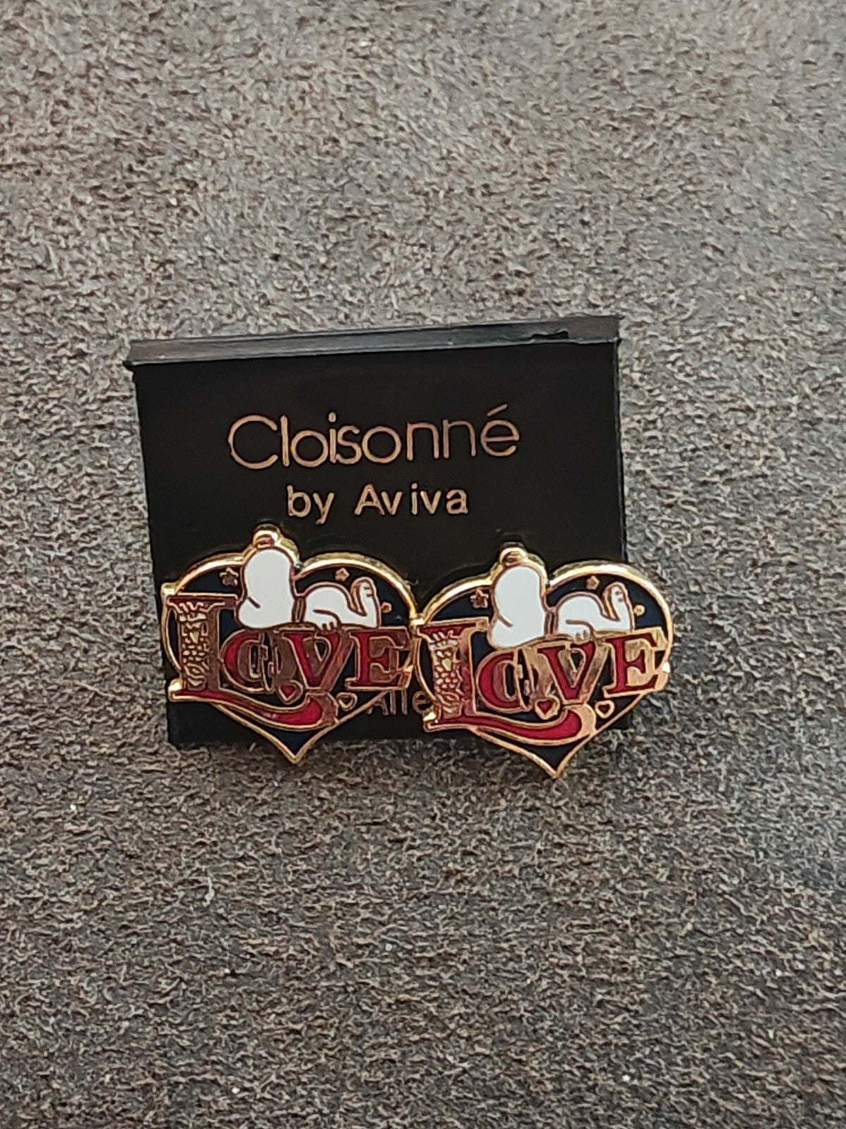 1970s Peanuts Snoopy "LOVE" Gold Tone Cloisonné Enamel Stud Earrings New