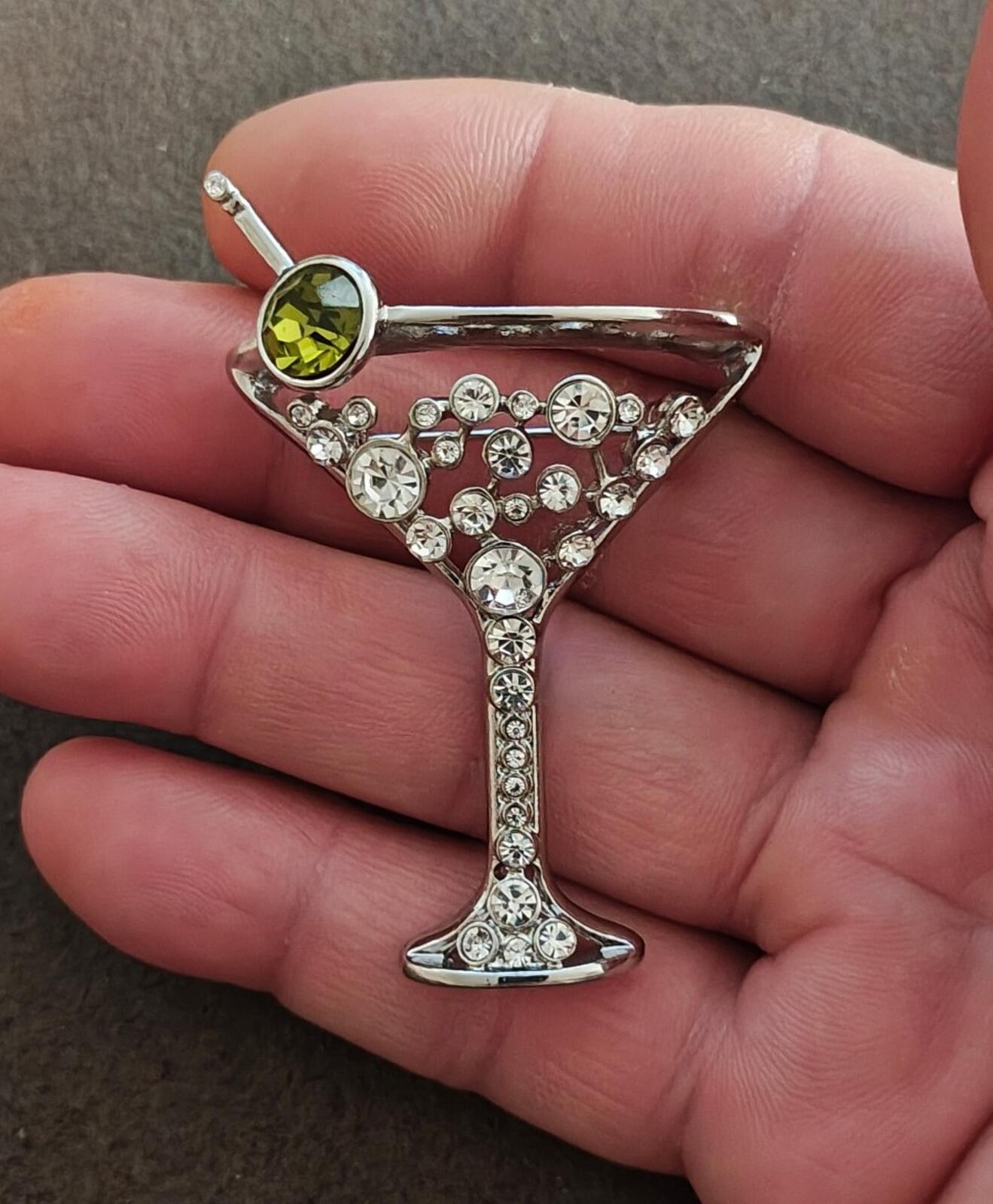 Chico's Silver Tone With Peridot Green Rhinestone Martini Glass Brooch