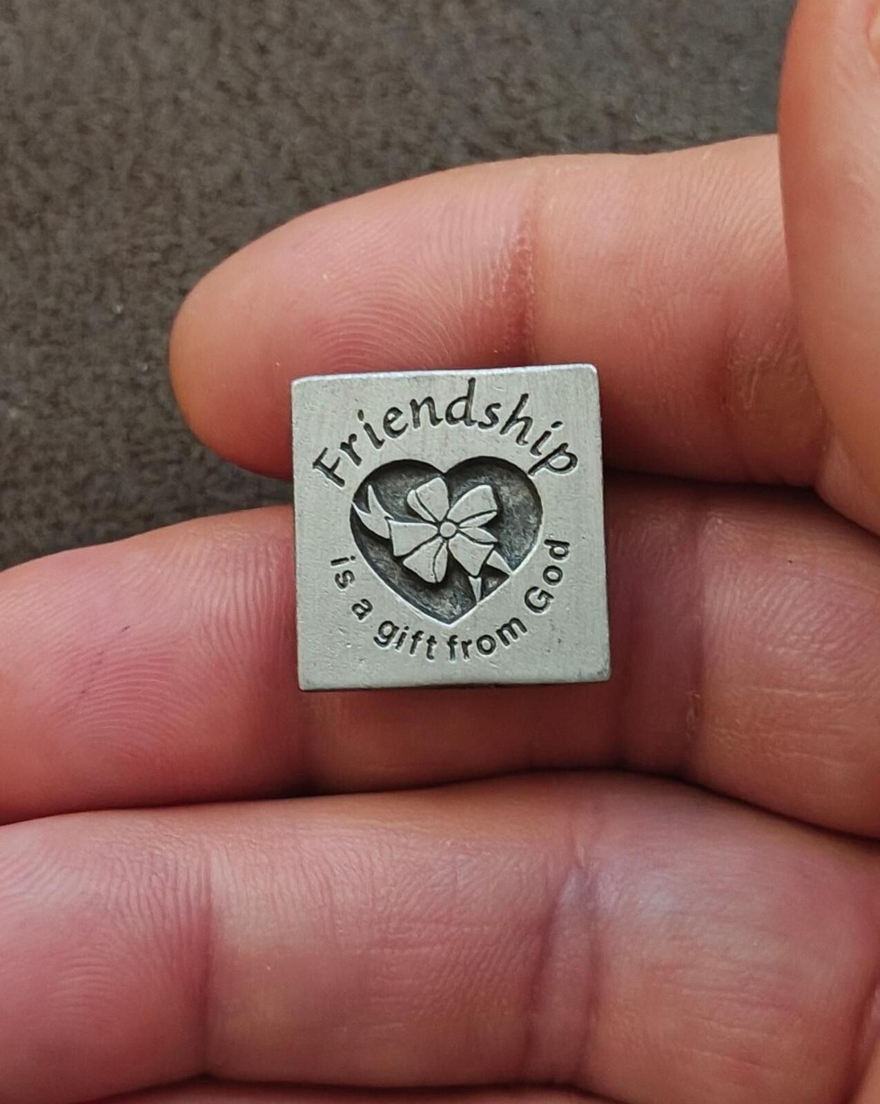 80s "Friendship is a gift from God" Pewter Pin With Engraved Heart & Ribbon