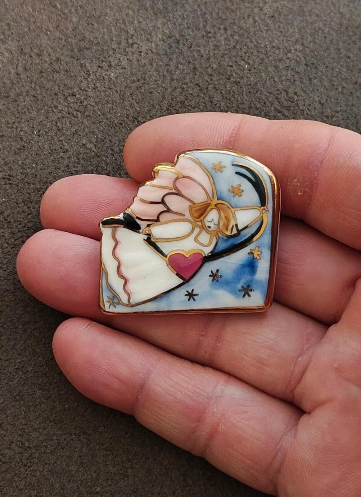 1980s Ceramic Multi-Color Enameled Flying  Angel Brooch