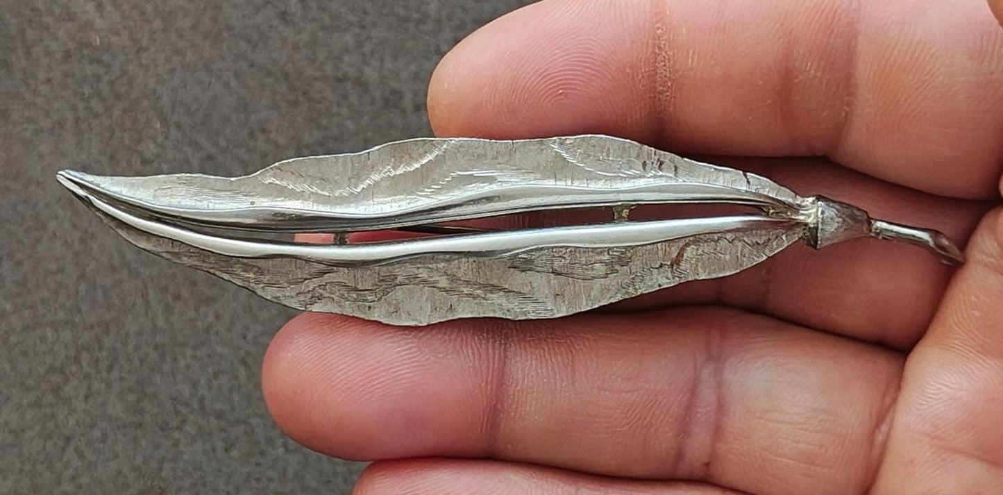 1970s Silver Tone Hand Forged Hammered Leaf Brooch