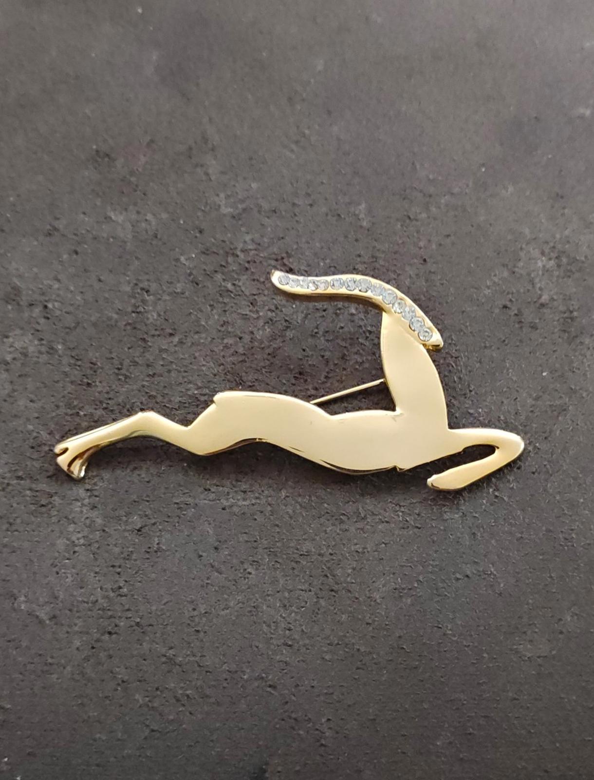80s Large Gold Tone Leaping Gazelle or Impala With Sparking Rhinestones Brooch