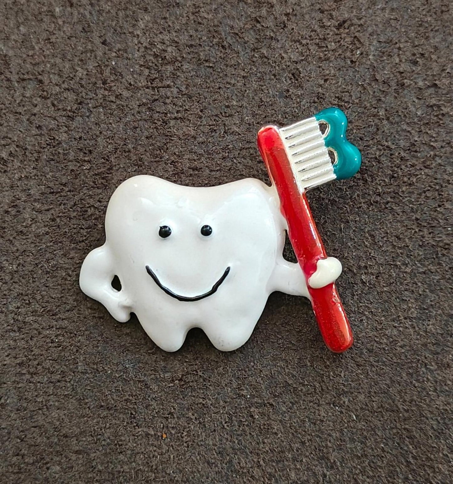 1980s Rare Danecraft Happy Tooth Holding a Toothbrush Silver Tone Enamel Pin