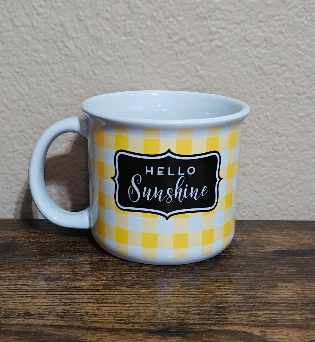 Hello Sunshine Yellow, Black & White Gingham Mug