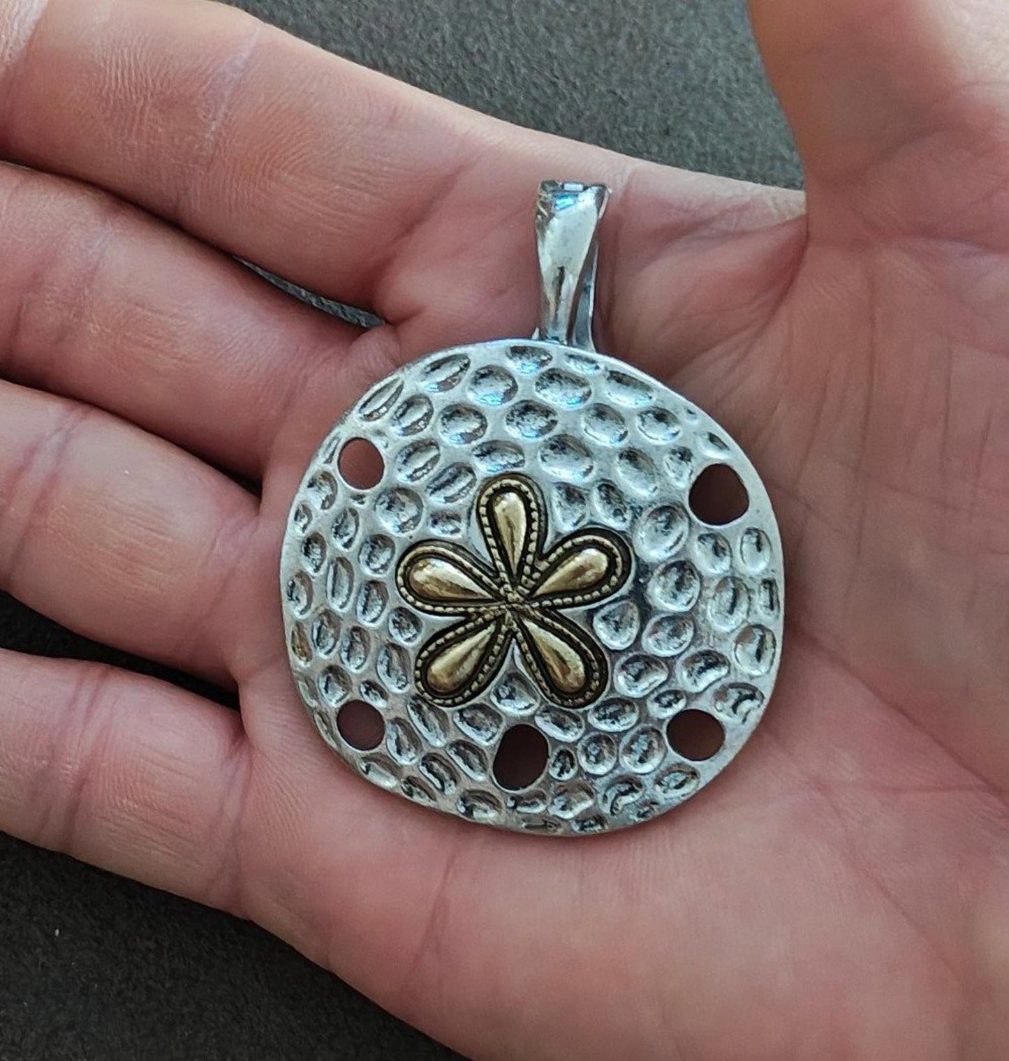1970's Marked RMN Roman Sand Dollar Two Tone Large Pendant