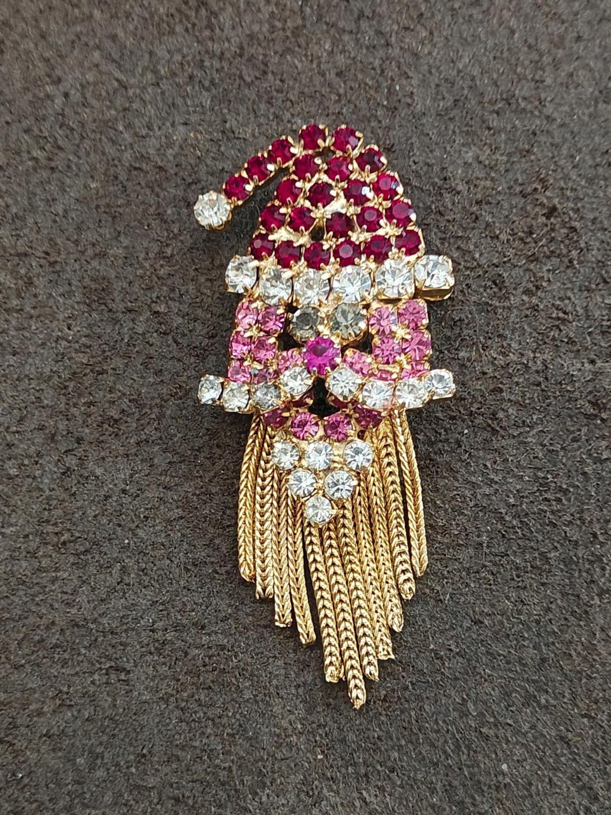 1960s Signed Hobe Gold Tone With Sparkling Austrian Rhinestones Santa Brooch