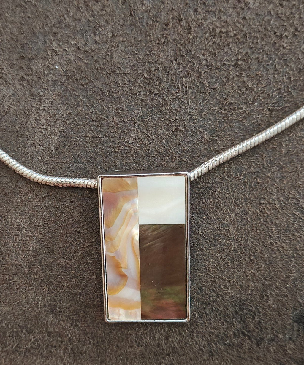 2000s Lia Sophia Mother of Pearl & Abalone Mosaic Geometric Pendant Necklace