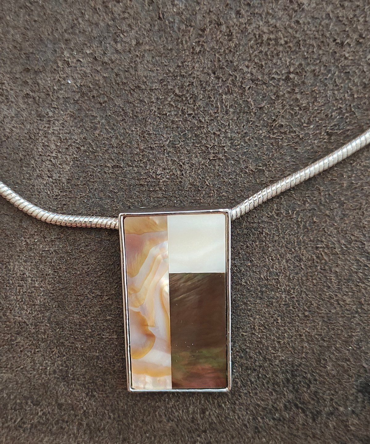 2000s Lia Sophia Mother of Pearl & Abalone Mosaic Geometric Pendant Necklace