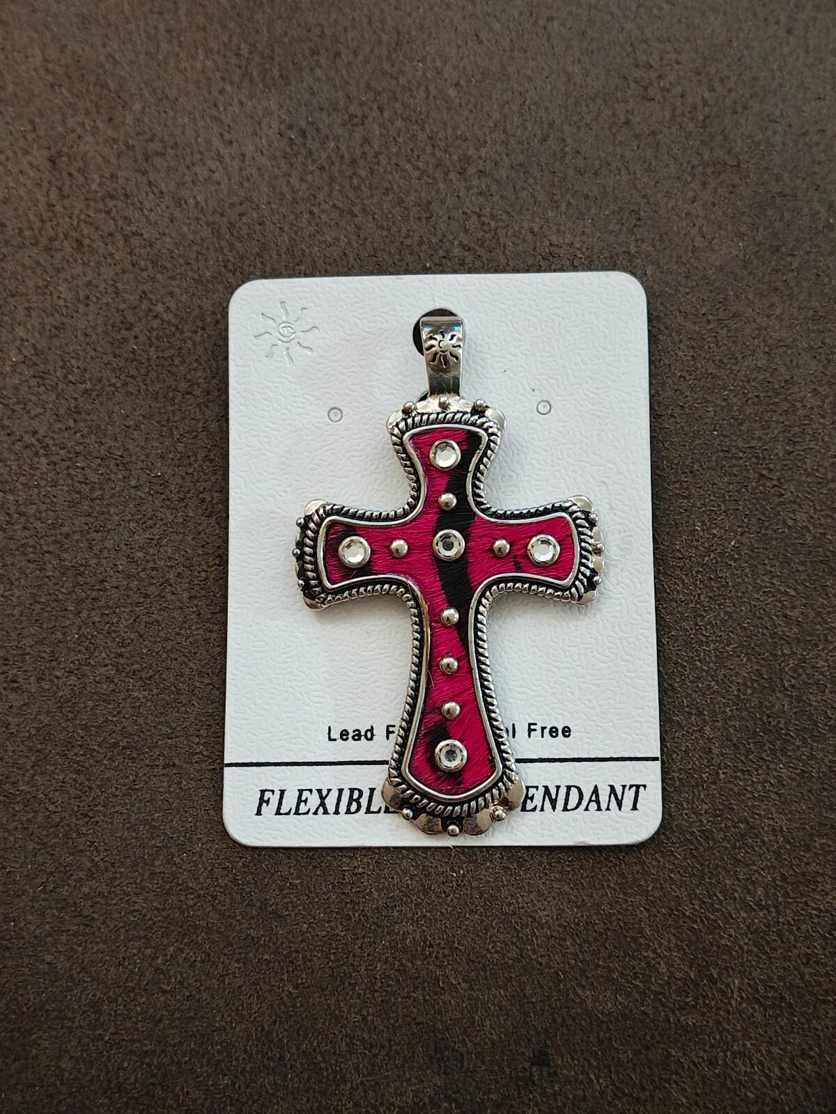 Western Style Pink Zebra Hair Inlay Cross Pendant With Rhinestones