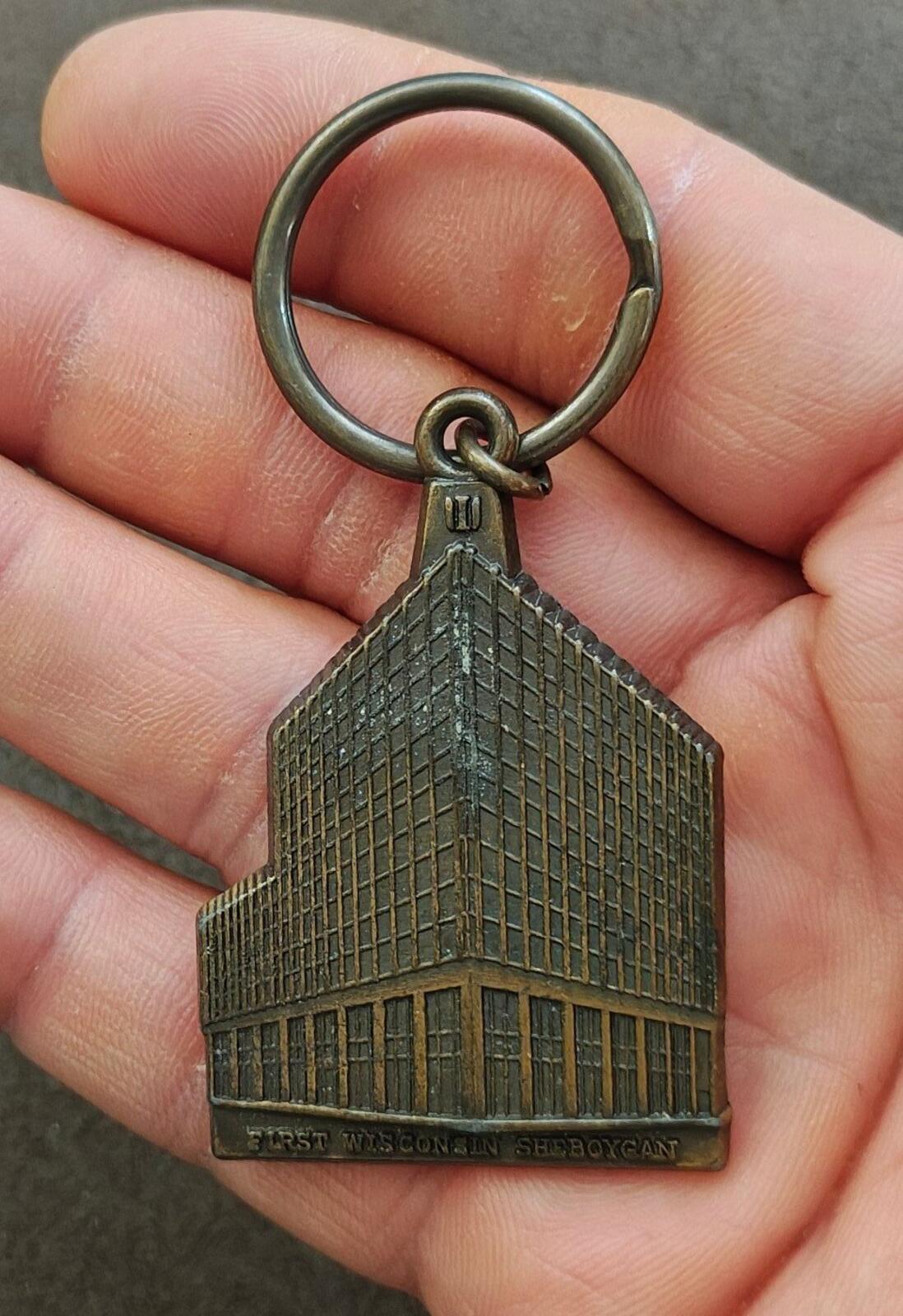 70s First Wisconsin National Bank building in Sheboygan Wisconsin Brass Keychain